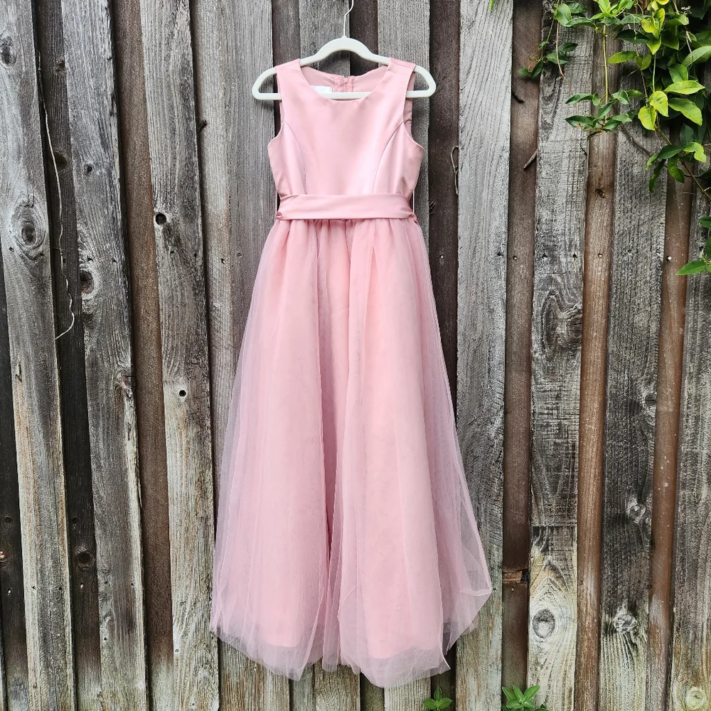 David's Bridal Satin Flower Girl Dress with Tulle Skirt - Ballet - Girls Size 8 - Picture 1 of 11
